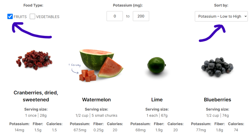 You can also use the other filters to further refine your results. You can choose to show only fruits or only vegetables. You can also sort by potassium level: